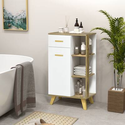 kleankin Bathroom Floor Cabinet, Side Storage Organizer Cabinet with Drawer and Shelves for Bathroom, White and Natural