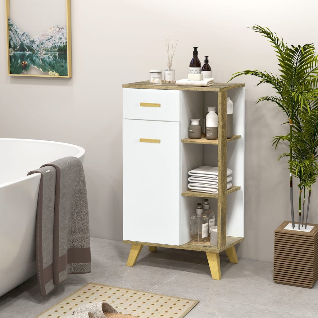 kleankin Bathroom Floor Cabinet, Side Storage Organizer Cabinet with Drawer and Shelves for Bathroom, White and Natural