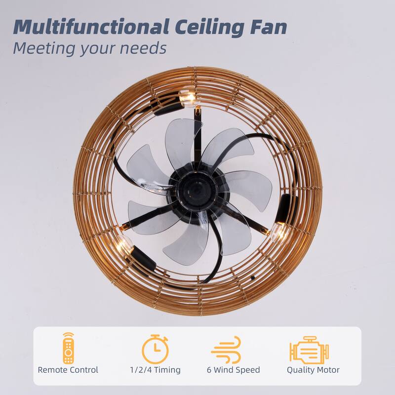 20 in. Rattan Indoor Ceiling Fan with Lights, 6-Speed Remote Control and Reversible DC Motor for Small Bedroom