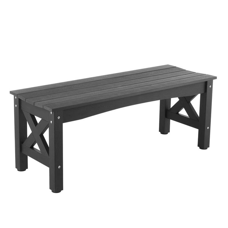 Black Plastic Backless Garden Bench with Cross-Leg Design for Comfortable 2-Person Seating - 44.5” x 15.7” x 17.1”