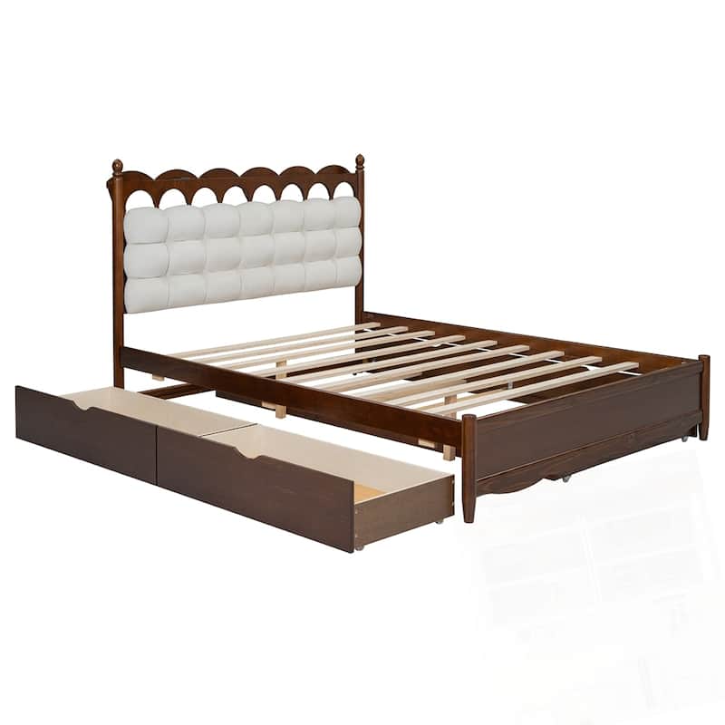 Wooden Storage Platform Bed with 2 Big Drawers and Twin-XL Size Trundle