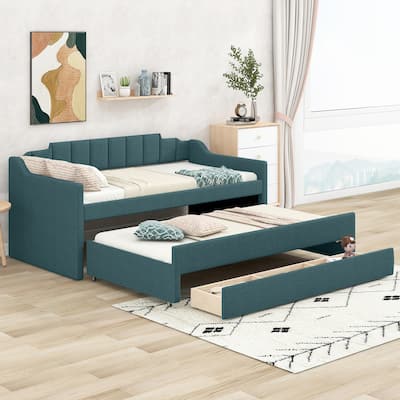 Twin Size Upholstered Daybed with Trundle & Three Drawers, Linen Day Bed Frame w/Armrest, Solid Wood Slats Support for Bedroom