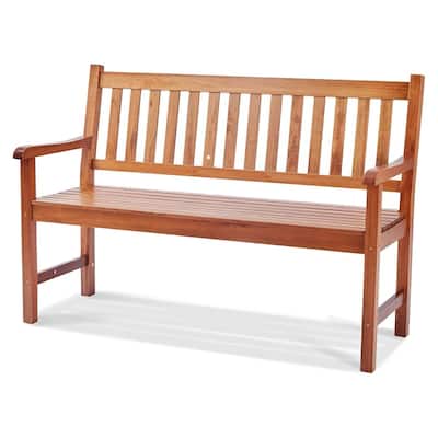 Natural Wood Outdoor Bench, 800lb Patio Seat with Backrest and Armrests - 22” L x 50” W x 34.4” H
