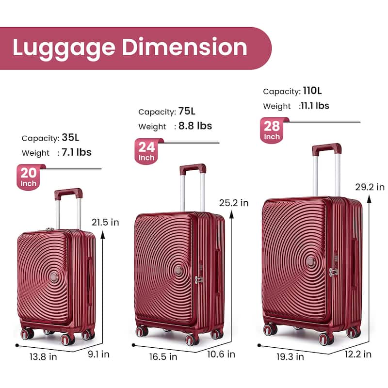 3 Piece PC Expandable Lightweight Carry On Luggage Sets with Front Pocket and Spinner Wheels & TSA Lock, for Men and Women