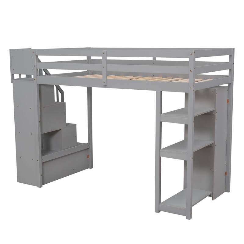 Twin Loft Bed with Storage Drawers, Shelves, and Stairs in Gray