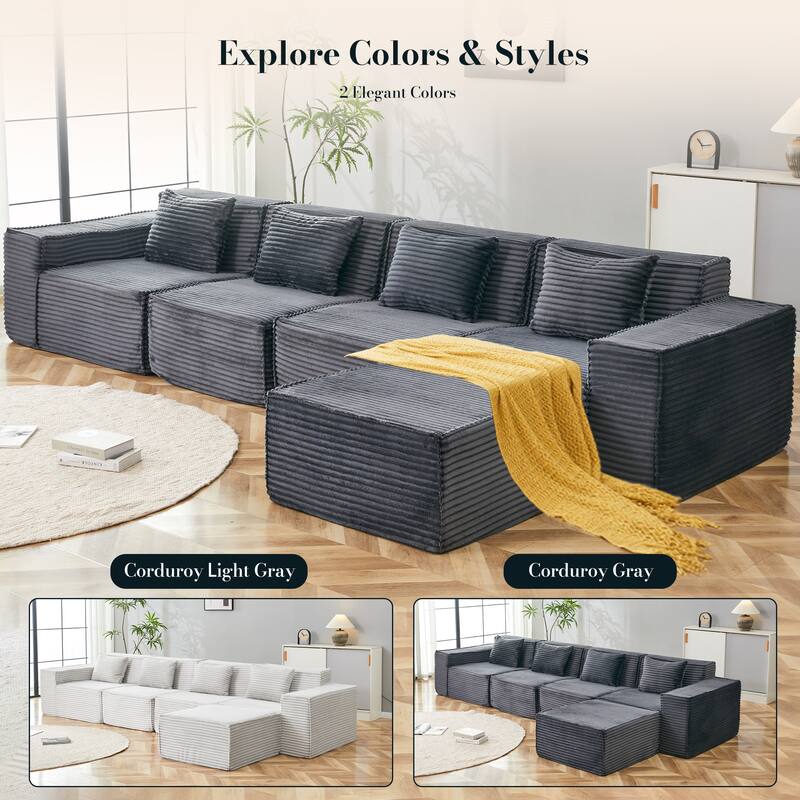 L-Shaped Modular Sectional Sofa with Ottoman, Striped Corduroy Deep Seat Cloud Couch, Large 4-Seat Corner Sofa