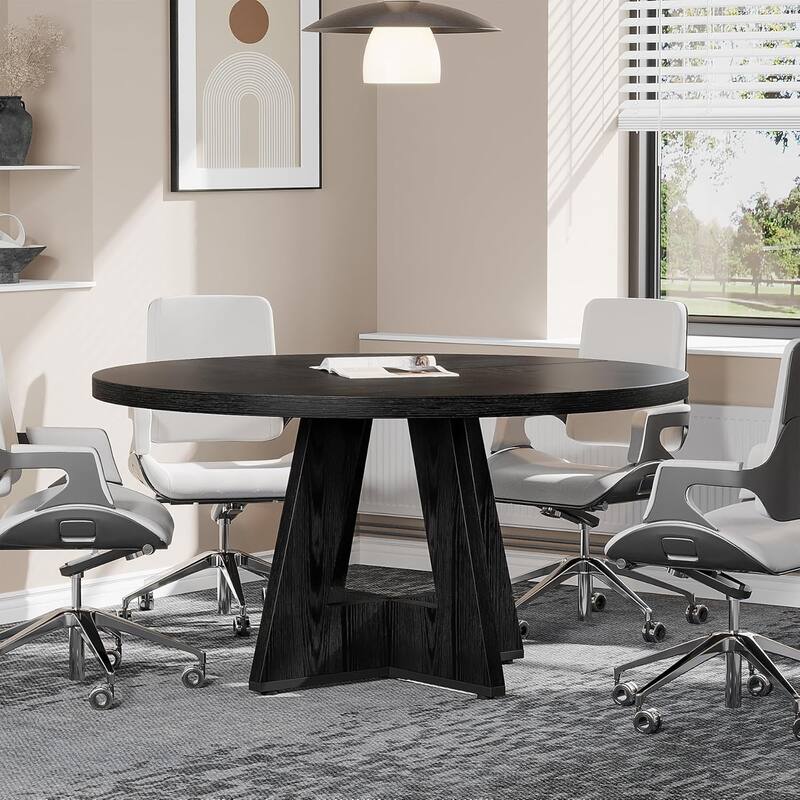 47" Round Conference Table Meeting Room Table with Thickened Top Wood Base Modern Training Desk for Conference/Seminar Room
