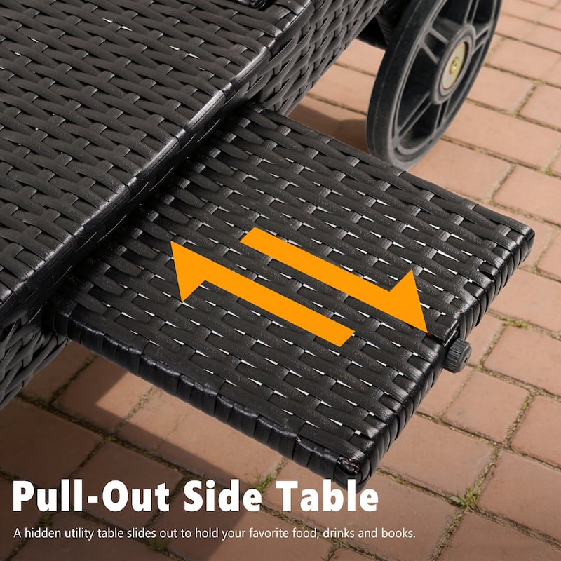 80"Patio Chaise Lounge Chairs Set of 2, Rattan Reclining Chair w/Rolling Wheels & Pull-out Side Table, Adjustable Backrest