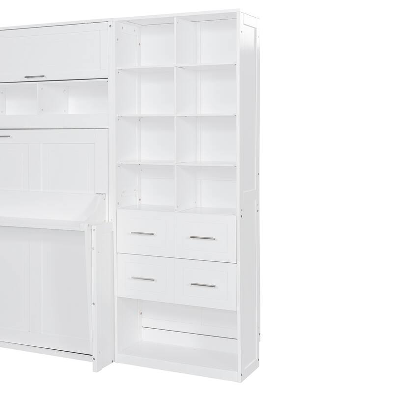 Full/Queen Murphy Bed with Built-In Closet & Drawers Foldable Space-Saving Wall Bed Adjustable Shelves, Customizable Layout