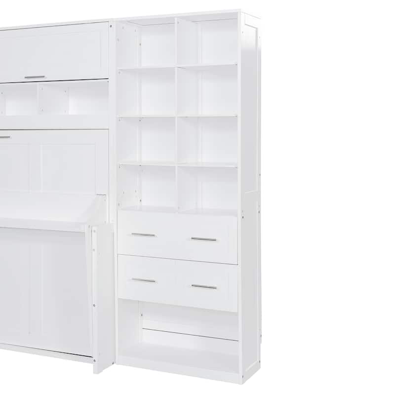 White Foldable Wall Bed Full Size Murphy Bed with Built-in Top Cabinet, Side Wardrobe, Storage Shelves and 2 Pull-out Drawers