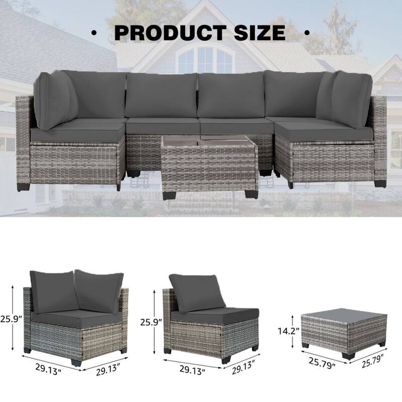 7-PC Wicker Patio Conversation Set with Brown Cushions, 6 sofas, 1 table