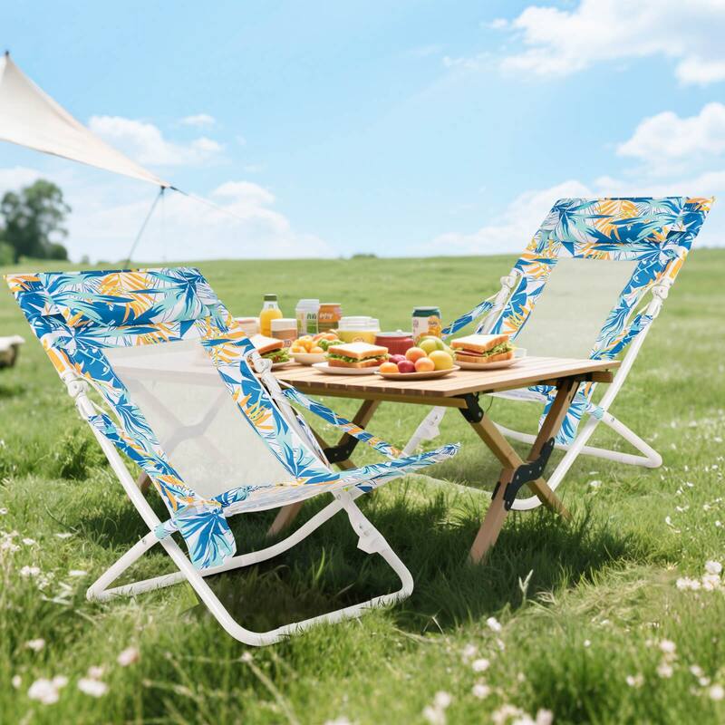 Costway Folding Low Beach Chair, Set of 2 with Padded Head Pillow,