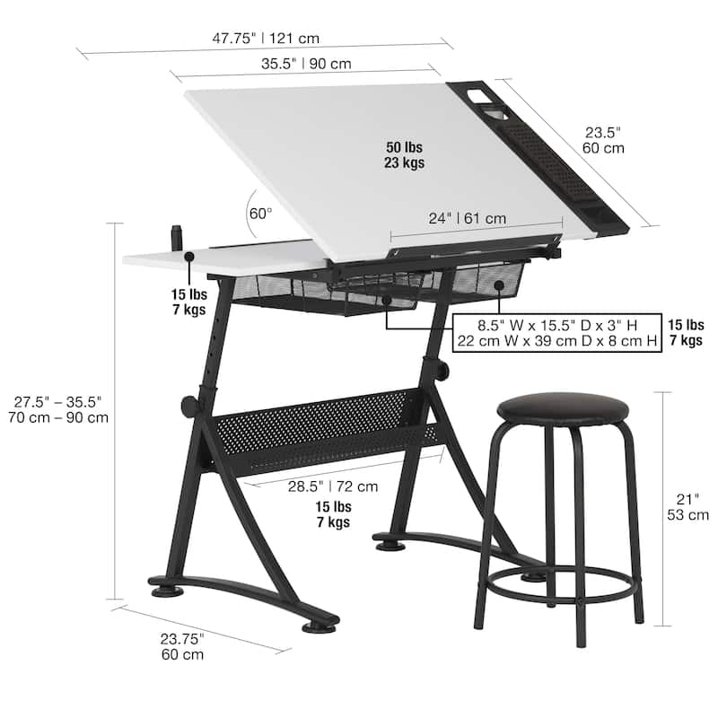 Studio Designs Fusion Craft Center Drafting Drawing Table with Adjustable Top Storage and Stool