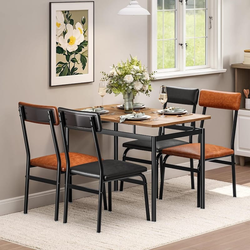 Kitchen Dining Table Set for 4 with Chairs for Kitchen Room and Small Spaces - Brown+Black