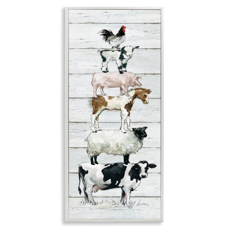 Stupell Country Farm Animal Stack Cow Sheep Pig Rooster Framed Wall Art - Multi-Color - 10 x 24 - White