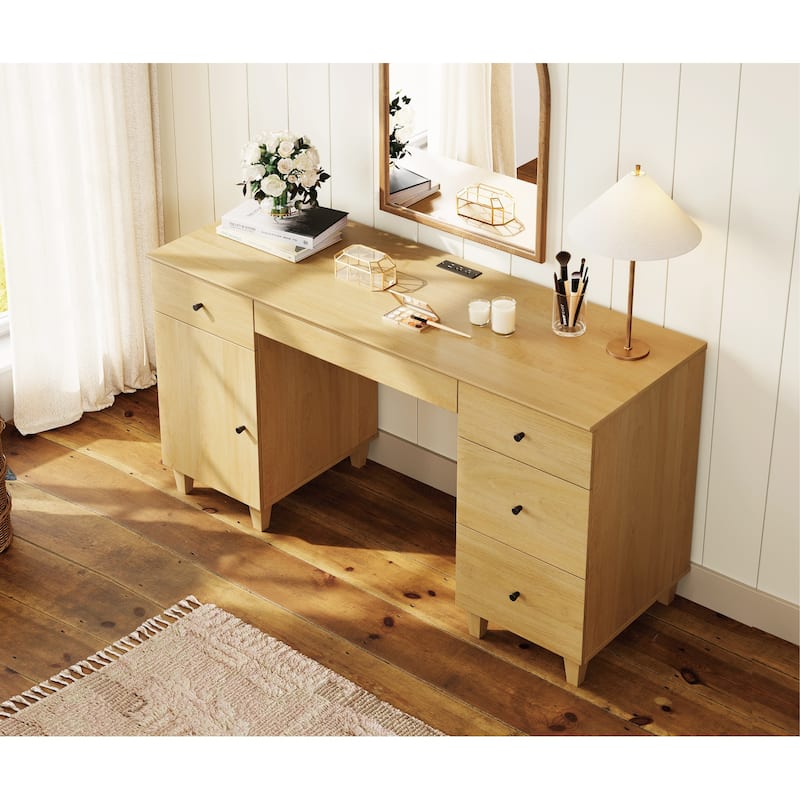 58" Wooden Vanity Desk with Storage Cabinet and Charging Station for Girls, Vanity Dressing Table for Bedroom