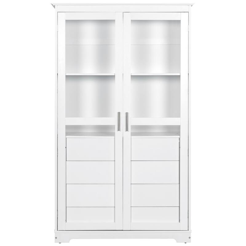 Pantry Cabinet with Glass Door, 2 Shelves & 4 Built-in Drawers, Kitchen Pantry Storage Cabinet, Freestanding Kitchen Cupboard