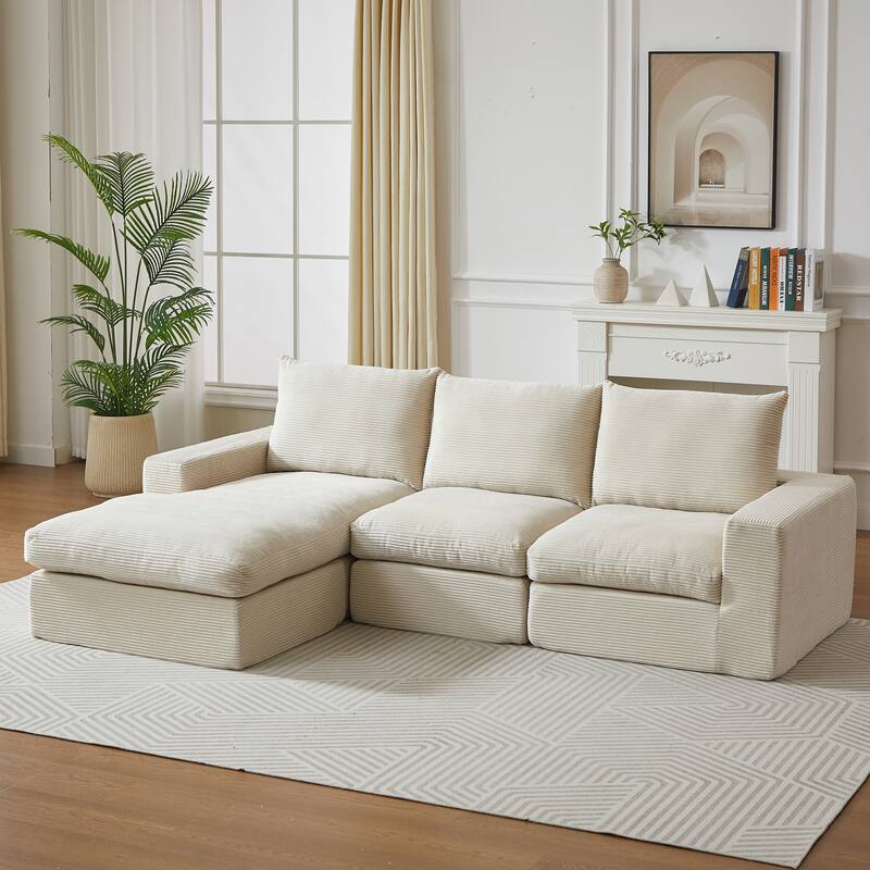 L-Shaped Sectional Sofa with Chaise Lounge, Corduroy Upholstered Boneless Couch, Module Corner Sofa with 3 Pillows