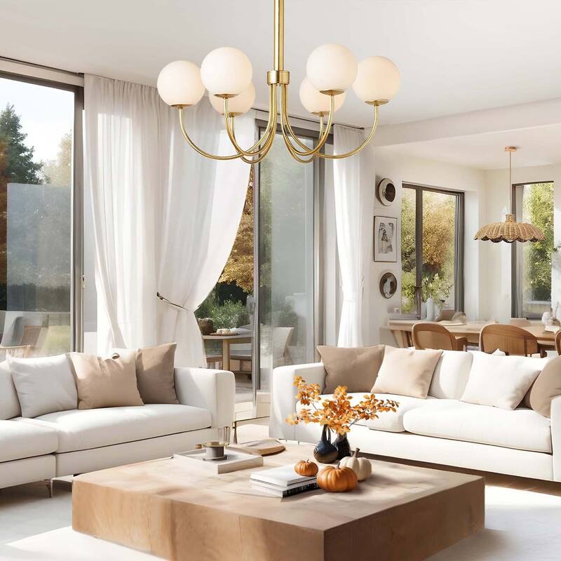 Bard Modern Pendant Light - Metal, Glass & Gold, Ivory Globe Light Fixture For Modern, Mid-Century, Contemporary Room Decor