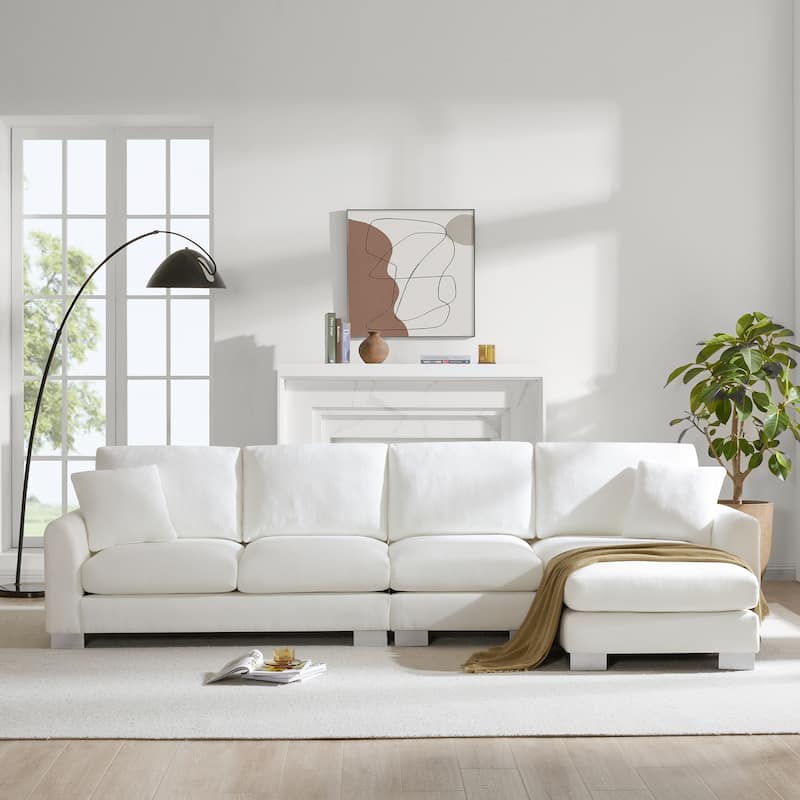 White 119" Oversized L-Shaped 5-Seater Sectional with Chaise and 2 Pillows for Living Room, Apartment, or Office