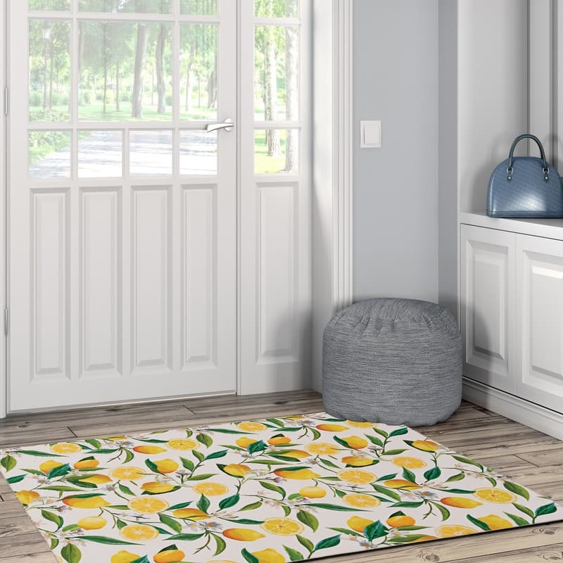 Sumner Machine Washable Ivory and Yellow Lemon Branch Rug