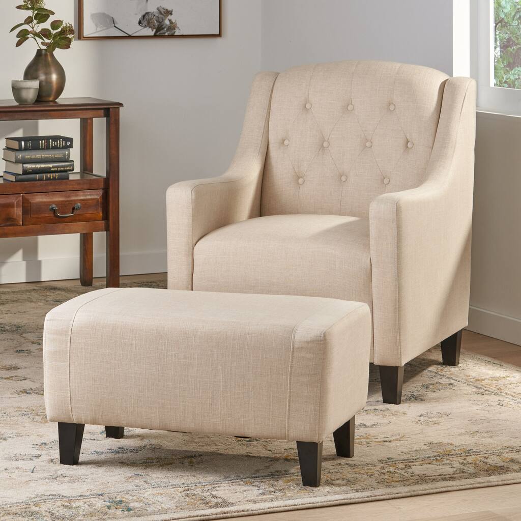 Elaine Beige Tufted Fabric Club Chair with Ottoman by Christopher Knight Home