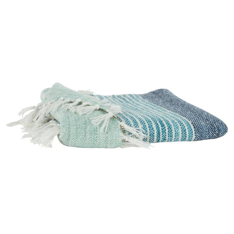 HomeRoots 50" X 60" Aqua Blue Teal And Ivory Recycled PET Woven Stripe Throw Blanket with Tassels