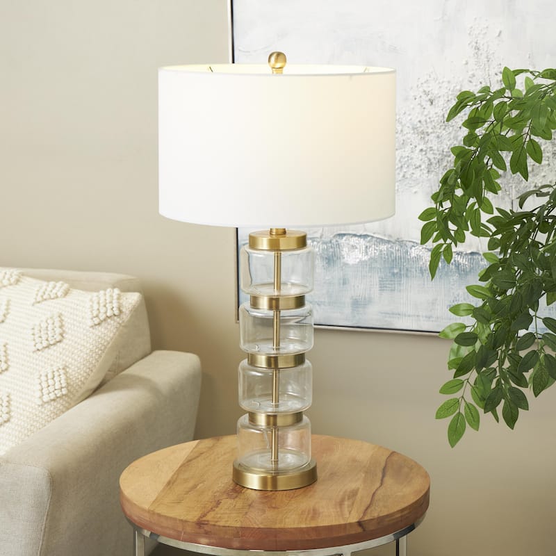 Glass Stacked Jars Room Table Lamp with White Drum Shade and Gold Metal Accents - Clear - Roche River Decor