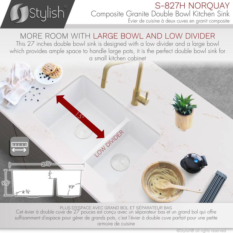 STYLISH 27 inches L x 18 inches W Double Bowl 60/40 Dual Mount Composite Granite Kitchen Sink - 27" x 18" x 9.5"