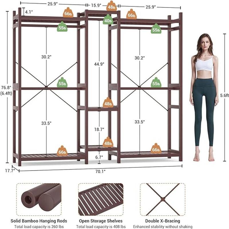 Bamboo Closet System Clothes Rack, Freestanding Garment Rack - 17.72"D x 70.47"W x 76.77"H