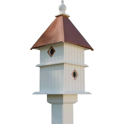 White PVC Two-Story Songbird Birdhouse with Copper Roof and Guards - ‎11.5 x 11.5 x 27 inches