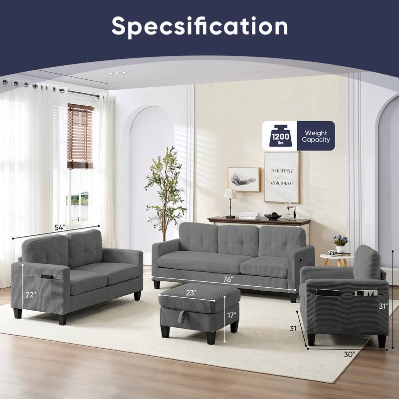 Mixoy 76'' L-Shaped Sofa Set,Corduroy Sectional Sofa,Mid Century 3-Seater Sofa with Storage Ottoman/Loveseat/Single Sofa