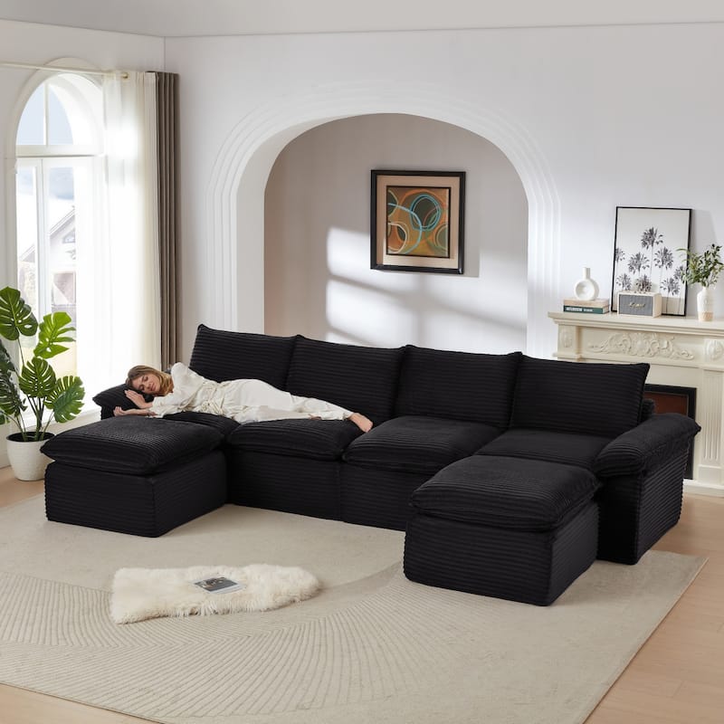 141.74" Modern Comfy Sectional Corduroy Sofa with Two Ottomans
