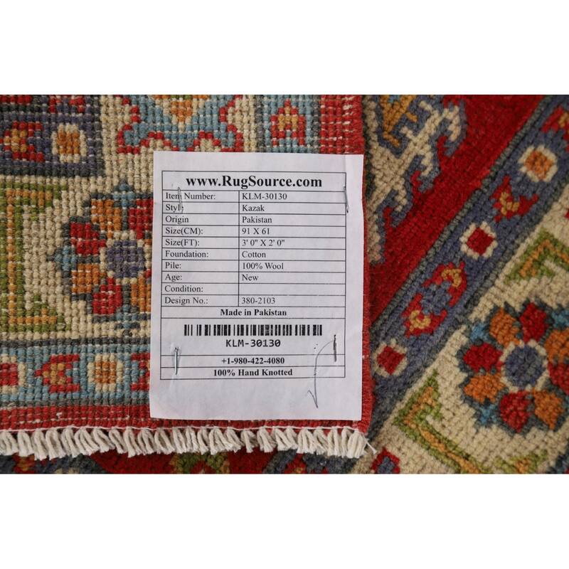 Red Traditional Kazak Foyer Rug Hand-Knotted Wool Carpet - 2'0" x 3'0"