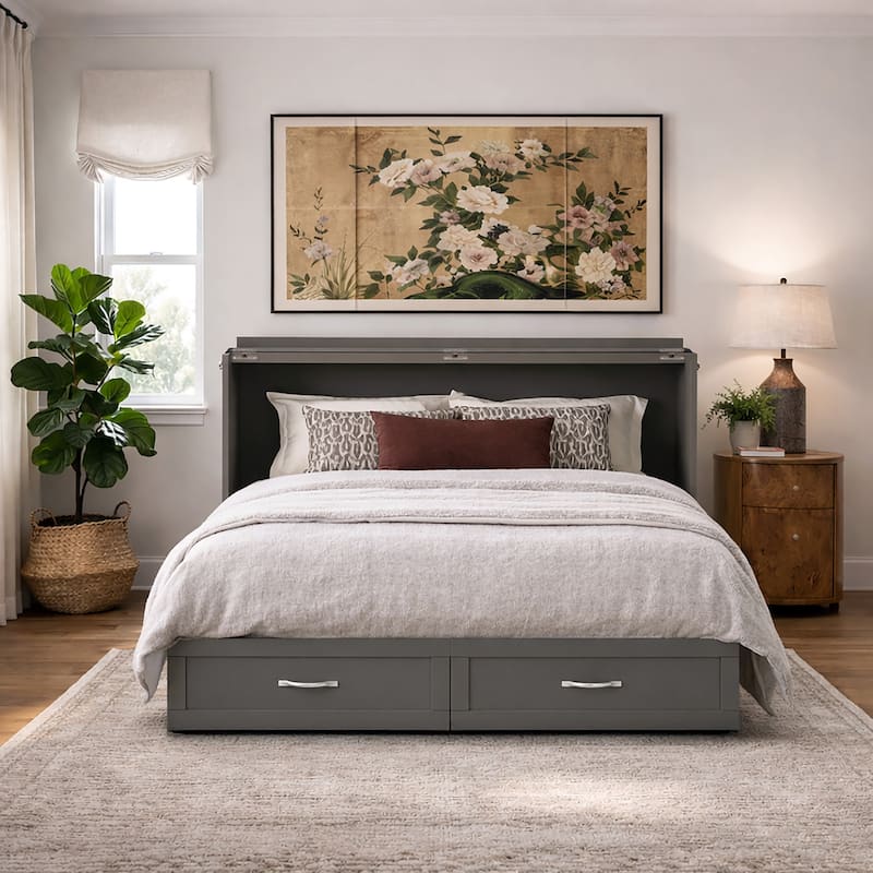 Hamilton Queen Murphy Bed Chest with 6" Mattress, Storage Drawer & Built-In Charger in Grey
