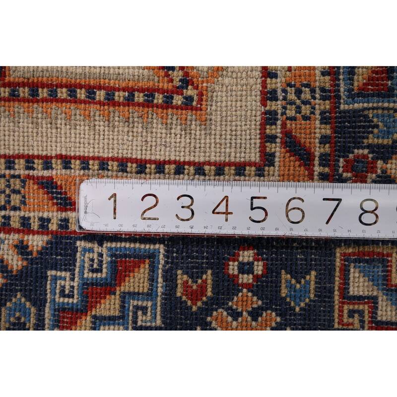 Geometric Beige / Ivory Kazak Accent Rug Hand-Knotted Wool Carpet - 4'0" x 6'1"