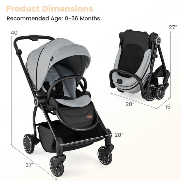 dimension image slide 1 of 2, Babyjoy Baby Stroller Foldable Infant Pram Stroller with Reclining - See Details