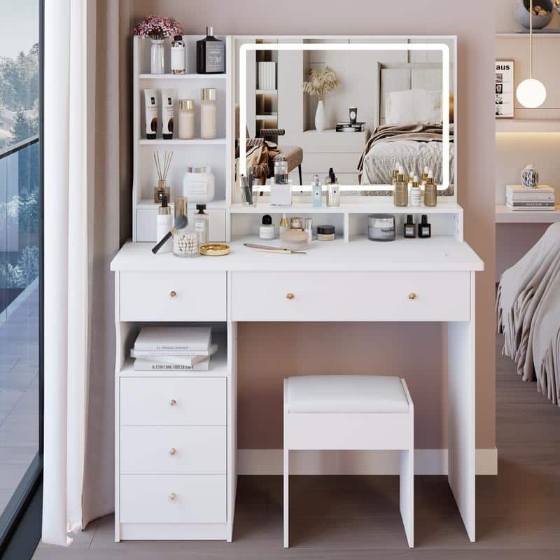 Vanity Dresser with Mirror and Stool Set Storage Drawers Luxury Furniture