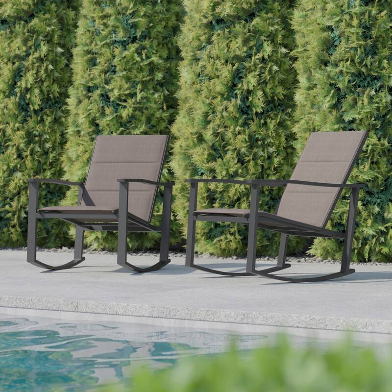 Set of 2 All Weather Flex Comfort Rocking Chairs with Metal Frames-Black/Black