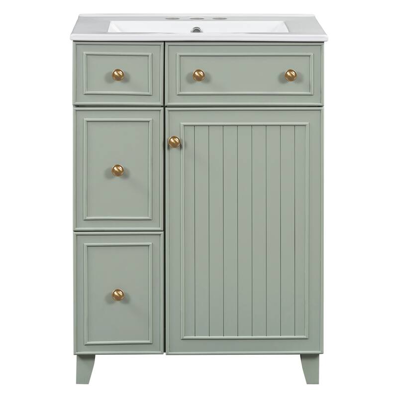 24 Inch Bathroom Vanity Cabinet with Ceramic Sink, 2 Drawers & Door, Bathroom Storage Cabinet Free-standing Single Sink Cabinet