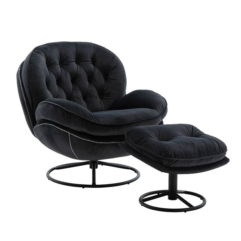 Velvet Swivel Accent Chair with Ottoman & Metal Legs (360° Rotation)