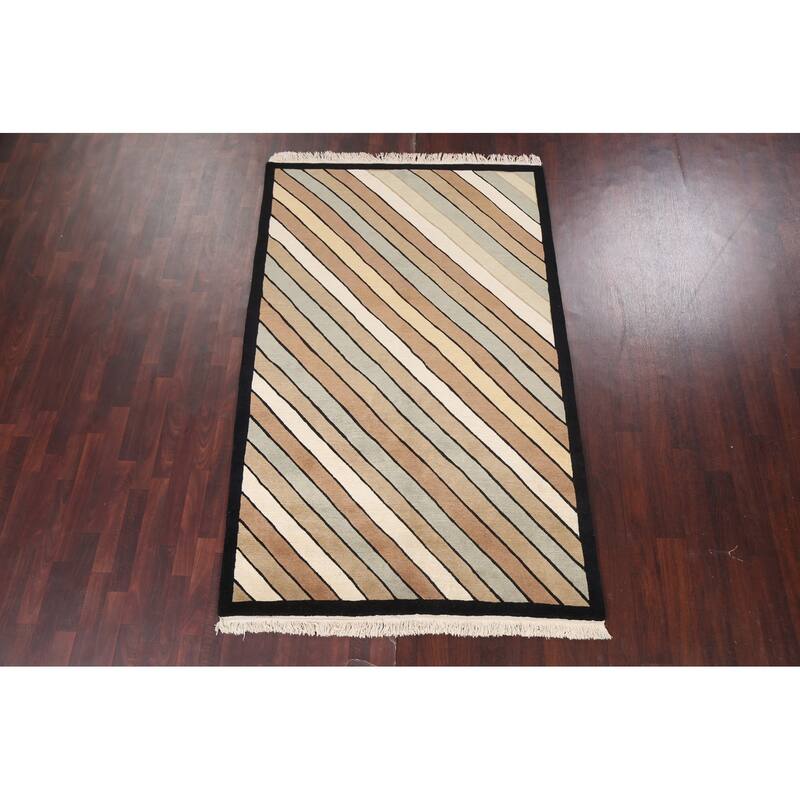 Vegetable Dye Modern Striped Nepalese Oriental Wool Area Rug Handmade - 5'2" x 8'2"