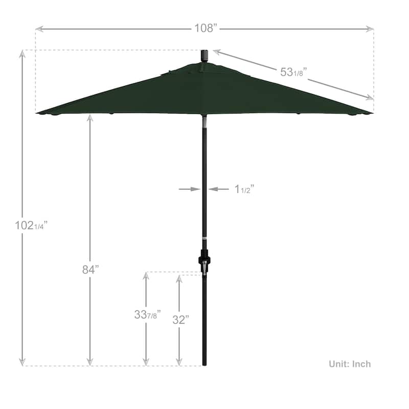 California Umbrella 9' Rd Patio Umbrella Black Aluminum Frame Fiberglass Ribs Crank Lift Collar Tilt, Sunbrella Cilantro