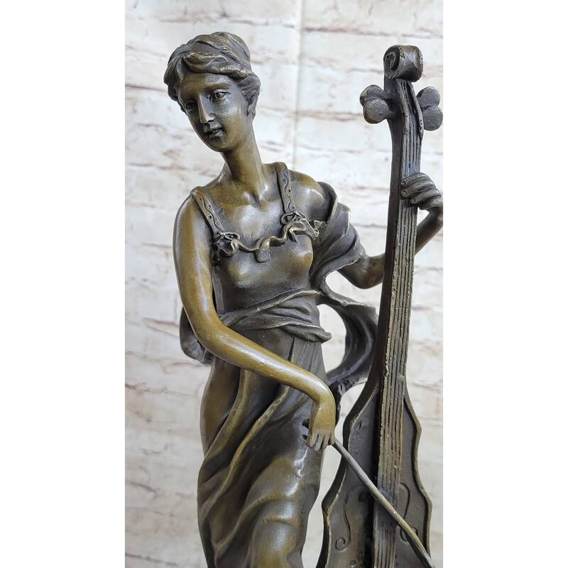 Signed Victorian Lady Playing Cello Bronze Marble Sculpture Statue Art Deco Gift