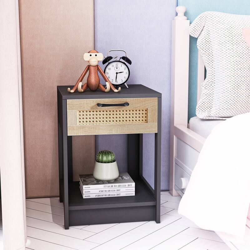 MDF 15.75 inch rattan black table with drawers, modern nightstand for living room - 1 - Black
