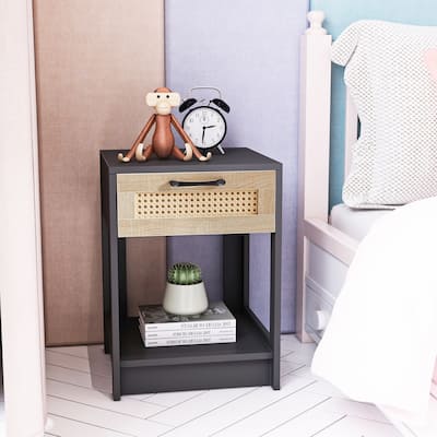MDF 15.75 inch rattan black table with drawers, modern nightstand for living room - 1