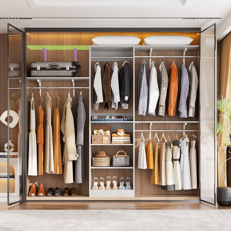Rackcog 20-96'' W Closet System Starter Kit, Sturdy DIY Closet Organizer with 3 Winged Storage Shelves