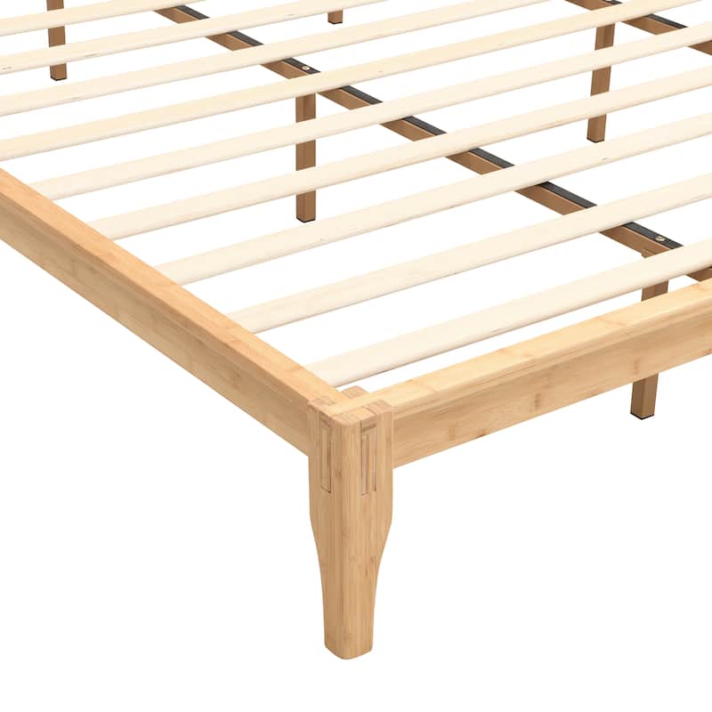 Bamboo Wood Platform Bed/Mid-Century Modern Bed Frame with Tall Headboard/Wood Slat Support/No Box Spring Needed/Easy Assembly