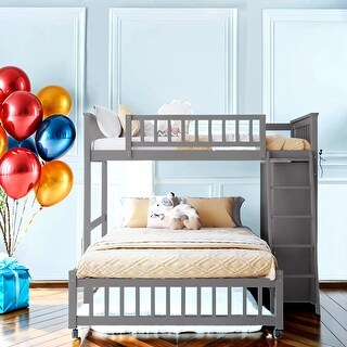 Versatility Galore Wooden Twin Over Full Bunk Bed with Six Drawers and Flexible Shelves,Bottom Bed with Wheels