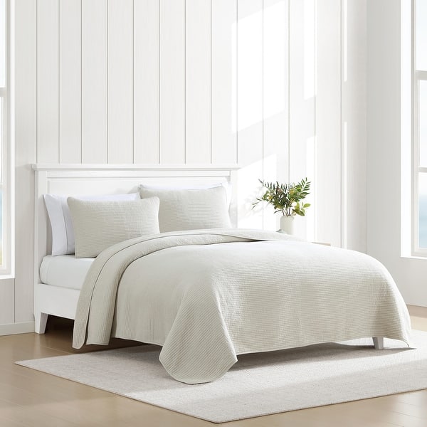 Nautica Seashore Stitch Solid Washed Cotton Quilt Set - Beige - Queen